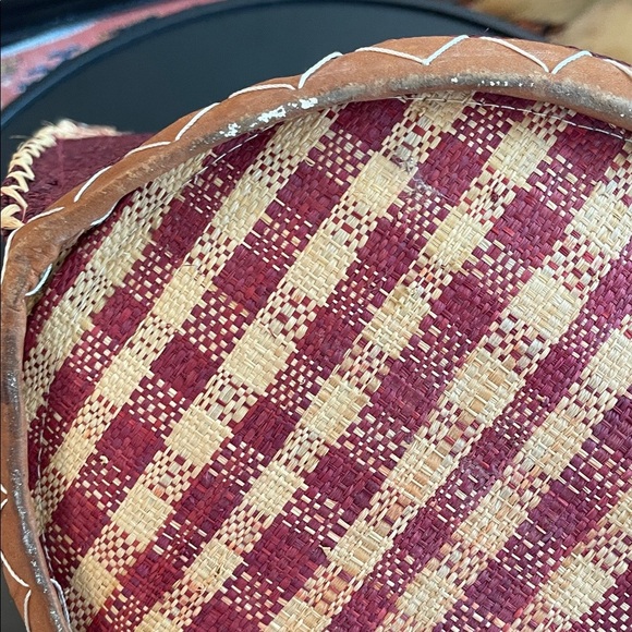 OOAK Gingham raffia and genuine leather giant Red and Tan Checkered Tote Bag - Picture 9 of 13